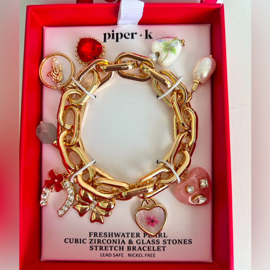 Piperk Freshwater Pearl Cubic Zirconia Glass Stones Stretch Gold Bracelet 33$